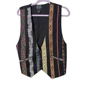 D D Designs Vintage Womens Vest Size Small Black Multi Tapestry Metallic Ribbon